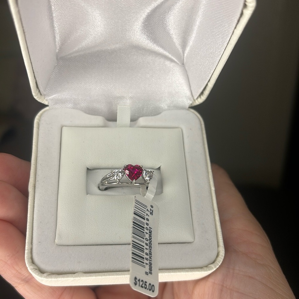 Sterling silver ruby and cubic zirconia heart ring size 6